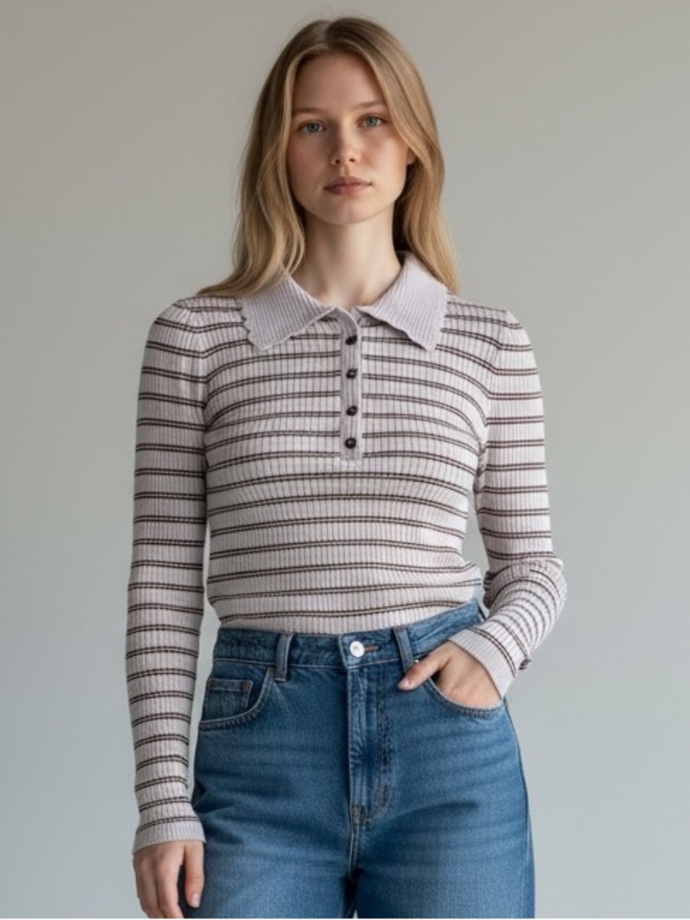 Striped Ribbed Polo Stretch Knit Top - Lavender with Brown Stripes